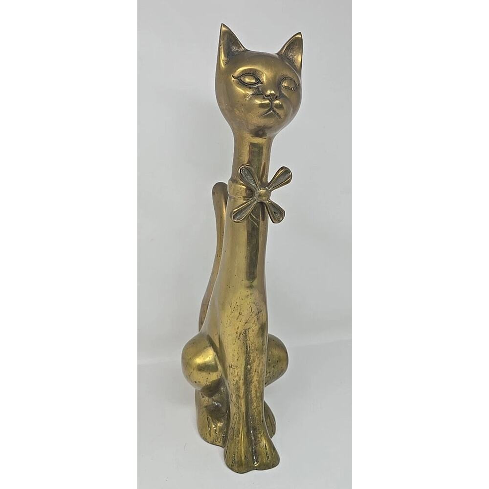 Vintage Mid century Modern Solid Brass Large Cat with Bowtie 15.5" U141